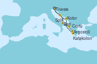 Visitando Trieste (Italia), Bari (Italia), Corfú (Grecia), Argostoli (Grecia), Katakolon (Olimpia/Grecia), Kotor (Montenegro), Split (Croacia), Trieste (Italia)