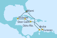 Visitando Miami (Florida/EEUU), Cozumel (México), Gran Caimán (Islas Caimán), Ocho Ríos (Jamaica), Curacao (Antillas), Aruba (Antillas), Miami (Florida/EEUU)