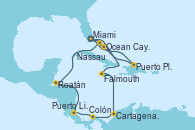 Visitando Miami (Florida/EEUU), Puerto Plata, Republica Dominicana, Nassau (Bahamas), Ocean Cay MSC Marine Reserve (Bahamas), Miami (Florida/EEUU), Falmouth (Jamaica), Cartagena de Indias (Colombia), Colón (Panamá), Puerto Limón (Costa Rica), Roatán (Honduras), Ocean Cay MSC Marine Reserve (Bahamas), Miami (Florida/EEUU)
