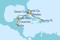Visitando Puerto Cañaveral (Florida), Costa Maya (México), Belize (Caribe), Cozumel (México), Nassau (Bahamas), Puerto Cañaveral (Florida), Nassau (Bahamas), Ocean Cay MSC Marine Reserve (Bahamas), Puerto Plata, Republica Dominicana, Puerto Cañaveral (Florida)