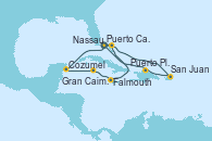 Visitando Puerto Cañaveral (Florida), Nassau (Bahamas), San Juan (Puerto Rico), Puerto Plata, Republica Dominicana, Puerto Cañaveral (Florida), Cozumel (México), Gran Caimán (Islas Caimán), Falmouth (Jamaica), Nassau (Bahamas), Puerto Cañaveral (Florida)