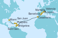 Visitando Livorno, Pisa y Florencia (Italia), Marsella (Francia), Barcelona, Valencia, Casablanca (Marruecos), Bridgetown (Barbados), Saint George (Grenada), Philipsburg (St. Maarten), San Juan (Puerto Rico), Miami (Florida/EEUU)