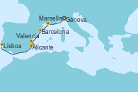 Visitando Génova (Italia), Marsella (Francia), Barcelona, Valencia, Alicante (España), Lisboa (Portugal)