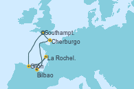 Visitando Southampton (Inglaterra), Gijón (Asturias/España), La Rochelle (Francia), Bilbao (España), Cherburgo (Francia), Southampton (Inglaterra)