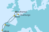 Visitando Southampton (Inglaterra), Brest (Francia), Lisboa (Portugal), Vigo (España), Cherburgo (Francia), Southampton (Inglaterra)
