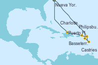 Visitando Nueva York (Estados Unidos), Basseterre (Antillas), Castries (Santa Lucía/Caribe), Philipsburg (St. Maarten), Charlotte Amalie (St. Thomas), Puerto Plata, Republica Dominicana, Nueva York (Estados Unidos)