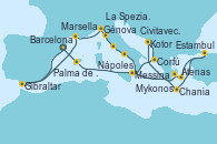 Visitando Barcelona, Gibraltar (Inglaterra), Marsella (Francia), Génova (Italia), La Spezia, Florencia y Pisa (Italia), Civitavecchia (Roma), Nápoles (Italia), Chania (Creta/Grecia), Estambul (Turquía), Mykonos (Grecia), Atenas (Grecia), Bar ( Montenegro), Corfú (Grecia), Messina (Sicilia), Palma de Mallorca (España), Barcelona