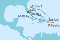 Visitando Miami (Florida/EEUU), Nassau (Bahamas), CocoCay (Bahamas), San Juan (Puerto Rico), St. John´s (Antigua y Barbuda), Philipsburg (St. Maarten), Miami (Florida/EEUU)