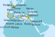 Visitando Dover (Inglaterra), Ámsterdam (Holanda), Portland, Dorset (Reino Unido), Bilbao (España), La Coruña (Galicia/España), Puerto Leixões (Portugal), Lisboa (Portugal), Málaga, Alicante (España), Valencia, Barcelona, La Valletta (Malta), Alejandría (Egipto), Alejandría (Egipto), Limassol (Chipre), Rodas (Grecia), Bodrum (Turquia), Estambul (Turquía), Estambul (Turquía), Atenas (Grecia)