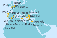 Visitando Ámsterdam (Holanda), Portland, Dorset (Reino Unido), Bilbao (España), La Coruña (Galicia/España), Puerto Leixões (Portugal), Lisboa (Portugal), Málaga, Alicante (España), Valencia, Barcelona, La Valletta (Malta), Alejandría (Egipto), Alejandría (Egipto), Limassol (Chipre), Rodas (Grecia), Bodrum (Turquia), Estambul (Turquía), Estambul (Turquía), Atenas (Grecia)