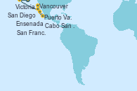 Visitando Vancouver (Canadá), Victoria (Canadá), San Francisco (California/EEUU), San Francisco (California/EEUU), San Diego (California/EEUU), Ensenada (México), Cabo San Lucas (México), Puerto Vallarta (México), San Diego (California/EEUU)