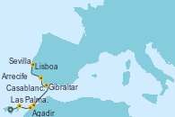 Visitando Las Palmas de Gran Canaria (España), Arrecife (Lanzarote/España), Agadir (Marruecos), Casablanca (Marruecos), Gibraltar (Inglaterra), Sevilla (España), Sevilla (España), Sevilla (España), Lisboa (Portugal)