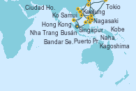 Visitando Singapur, Bandar Seri Begawan (Brunei), Bandar Seri Begawan (Brunei), Puerto Princesa Palawan (Filipinas), Hong Kong (China), Keelung (Taiwán), Naha (Japón), Kagoshima (Japón), Tokio (Japón), Kobe (Japón), Nagasaki (Japón), Busán (Corea del Sur), Hong Kong (China), Nha Trang (Vietnam), Ciudad Ho Chi Minh (Vietnam), Ko Samui (Tailandia), Singapur