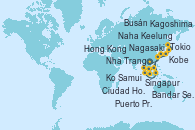 Visitando Hong Kong (China), Keelung (Taiwán), Naha (Japón), Kagoshima (Japón), Tokio (Japón), Kobe (Japón), Nagasaki (Japón), Busán (Corea del Sur), Hong Kong (China), Nha Trang (Vietnam), Ciudad Ho Chi Minh (Vietnam), Ko Samui (Tailandia), Singapur, Bandar Seri Begawan (Brunei), Bandar Seri Begawan (Brunei), Puerto Princesa Palawan (Filipinas), Hong Kong (China)