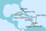 Visitando Miami (Florida/EEUU), Aruba (Antillas), Kralendijk (Antillas), Curacao (Antillas), Cabo Rojo, Ocho Ríos (Jamaica), Miami (Florida/EEUU), Ocean Cay MSC Marine Reserve (Bahamas), Cozumel (México), Gran Caimán (Islas Caimán), Ocho Ríos (Jamaica), Miami (Florida/EEUU)