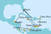 Visitando Miami (Florida/EEUU), Ocho Ríos (Jamaica), Aruba (Antillas), Cartagena de Indias (Colombia), Colón (Panamá), Puerto Limón (Costa Rica), Roatán (Honduras), Miami (Florida/EEUU), Aruba (Antillas), Kralendijk (Antillas), Curacao (Antillas), Cabo Rojo, Ocho Ríos (Jamaica), Miami (Florida/EEUU)