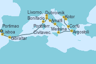 Visitando Lisboa (Portugal), Portimao (Portugal), Gibraltar (Inglaterra), Bonifacio (Córcega/Francia), Livorno, Pisa y Florencia (Italia), Portoferraio (Italia), Civitavecchia (Roma), Amalfi (Italia), Messina (Sicilia), Argostoli (Grecia), Corfú (Grecia), Kotor (Montenegro), Dubrovnik (Croacia)