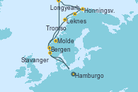 Visitando Hamburgo (Alemania), Bergen (Noruega), Molde (Noruega), Longyearbyen (Noruega), Honningsvag (Noruega), Tromso (Noruega), Leknes (Noruega), Stavanger (Noruega), Hamburgo (Alemania)