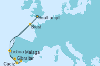 Visitando Southampton (Inglaterra), Brest (Francia), Lisboa (Portugal), Gibraltar (Inglaterra), Málaga, Cádiz (España), Southampton (Inglaterra)