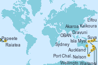 Visitando Papeete (Tahití), Raiatea (Polinesia Francesa), Suva (Fiyi), Dravuni (Fiji), Isla Mystery (Vanuatu), Lifou (Isla Loyalty/Nueva Caledonia), Waitangi (Islas Bay/Nueva Zelanda), Auckland (Nueva Zelanda), Auckland (Nueva Zelanda), Wellington (Nueva Zelanda), Kaikoura (Nueva Zelanda), Akaroa (Nueva Zelanda), Port Chalmers (Nueva Zelanda), OBAN (HALFMOON BAY), Nelson (Nueva Zelanda), Sydney (Australia)