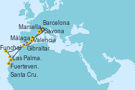 Visitando Savona (Italia), Málaga, Fuerteventura (Canarias/España), Las Palmas de Gran Canaria (España), Santa Cruz de la Palma (España), Funchal (Madeira), Gibraltar (Inglaterra), Valencia, Barcelona, Marsella (Francia), Savona (Italia)