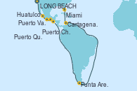 Visitando LONG BEACH, Puerto Vallarta (México), Huatulco (México), Puerto Chiapas (México), Puerto Quetzal (Guatemala), Punta Arenas (Chile), Cartagena de Indias (Colombia), Miami (Florida/EEUU)