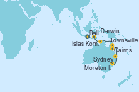Visitando Bali (Indonesia), Islas Komodo (Indonesia), Darwin (Australia), Cairns (Australia), Cairns (Australia), Townsville, Moreton Island (Australia), Sydney (Australia)
