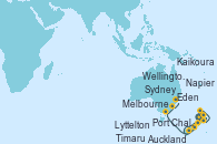 Visitando Auckland (Nueva Zelanda), Napier (Nueva Zelanda), Wellington (Nueva Zelanda), Kaikoura (Nueva Zelanda), Lyttelton (Nueva Zelanda), Timaru (Nueva Zelanda), Port Chalmers (Nueva Zelanda), Melbourne (Australia), Eden (Nueva Gales), Sydney (Australia)