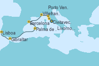 Visitando Civitavecchia (Roma), Livorno, Pisa y Florencia (Italia), Porto Venere (Italia), Villefranche (Niza/Mónaco/Francia), Barcelona, Barcelona, Palma de Mallorca (España), Gibraltar (Inglaterra), Lisboa (Portugal), Lisboa (Portugal)