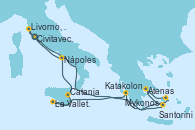 Visitando Civitavecchia (Roma), Santorini (Grecia), Atenas (Grecia), Mykonos (Grecia), Katakolon (Olimpia/Grecia), La Valletta (Malta), Catania (Sicilia), Nápoles (Italia), Livorno, Pisa y Florencia (Italia), Civitavecchia (Roma)