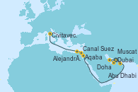 Visitando Dubai, Doha (Catar), Abu Dhabi (Emiratos Árabes Unidos), Muscat (Omán), Aqaba (Jordania), Canal Suez, Canal Suez, Alejandría (Egipto), Civitavecchia (Roma)