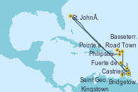 Visitando Bridgetown (Barbados), Kingstown (Granadinas), Saint George (Grenada), Castries (Santa Lucía/Caribe), Fuerte de France (Martinica), Pointe a Pitre (Guadalupe), Philipsburg (St. Maarten), Road Town (Isla Tórtola/Islas Vírgenes), Basseterre (Antillas), St. John´s (Antigua y Barbuda), Fuerte de France (Martinica), Pointe a Pitre (Guadalupe), Castries (Santa Lucía/Caribe), Bridgetown (Barbados)