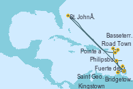 Visitando Bridgetown (Barbados), Kingstown (Granadinas), Saint George (Grenada), Fuerte de France (Martinica), Pointe a Pitre (Guadalupe), Road Town (Isla Tórtola/Islas Vírgenes), Philipsburg (St. Maarten), Basseterre (Antillas), St. John´s (Antigua y Barbuda), Fuerte de France (Martinica), Pointe a Pitre (Guadalupe), Bridgetown (Barbados)