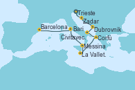 Visitando Trieste (Italia), Zadar (Croacia), Dubrovnik (Croacia), Bari (Italia), Corfú (Grecia), La Valletta (Malta), Messina (Sicilia), Civitavecchia (Roma), Barcelona