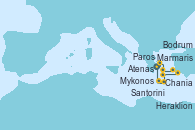 Visitando Atenas (Grecia), Paros (Grecia), Mykonos (Grecia), Mykonos (Grecia), Bodrum (Turquia), Marmaris (Turquía), Cos (Grecia), Santorini (Grecia), Heraklion (Creta), Chania (Creta/Grecia), Atenas (Grecia)