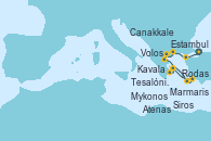 Visitando Estambul (Turquía), Canakkale (Turquía), Kavala (Grecia), Tesalónica (Grecia), Volos (Grecia), Chios (Grecia), Rodas (Grecia), Marmaris (Turquía), Mykonos (Grecia), Siros (Grecia), Atenas (Grecia)