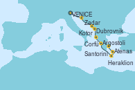 Visitando VENICE (FUSINA) -  ITALY, Piran (Eslovenia), Zadar (Croacia), Dubrovnik (Croacia), Kotor (Montenegro), Corfú (Grecia), Argostoli (Grecia), Heraklion (Creta), Santorini (Grecia), Atenas (Grecia)