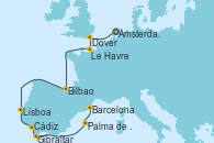 Visitando Ámsterdam (Holanda), Dover (Inglaterra), Le Havre (Francia), Bilbao (España), Lisboa (Portugal), Lisboa (Portugal), Cádiz (España), Gibraltar (Inglaterra), Palma de Mallorca (España), Barcelona