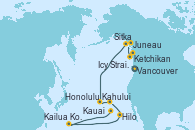 Visitando Vancouver (Canadá), Ketchikan (Alaska), Icy Strait Point (Alaska), Juneau (Alaska), Sitka (Alaska), Kahului (Hawai/EEUU), Kauai (Hawai), Kauai (Hawai), Hilo (Hawai), Kailua Kona (Hawai/EEUU), Honolulu (Hawai)