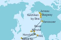 Visitando Honolulu (Hawai), Hilo (Hawai), Kailua Kona (Hawai/EEUU), Kauai (Hawai), Kauai (Hawai), Kahului (Hawai/EEUU), Skagway (Alaska), Juneau (Alaska), Icy Strait Point (Alaska), Ketchikan (Alaska), Vancouver (Canadá)