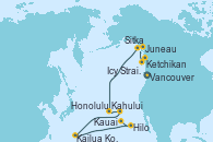 Visitando Vancouver (Canadá), Ketchikan (Alaska), Icy Strait Point (Alaska), Juneau (Alaska), Sitka (Alaska), Kahului (Hawai/EEUU), Kauai (Hawai), Kauai (Hawai), Kailua Kona (Hawai/EEUU), Hilo (Hawai), Honolulu (Hawai)
