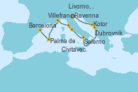 Visitando Ravenna (Italia), Kotor (Montenegro), Dubrovnik (Croacia), Salerno (Italia), Civitavecchia (Roma), Livorno, Pisa y Florencia (Italia), Villefranche (Niza/Mónaco/Francia), Palma de Mallorca (España), Barcelona