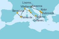 Visitando Ravenna (Italia), Dubrovnik (Croacia), Kotor (Montenegro), Salerno (Italia), Civitavecchia (Roma), Livorno, Pisa y Florencia (Italia), Villefranche (Niza/Mónaco/Francia), Palma de Mallorca (España), Barcelona