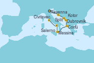 Visitando Ravenna (Italia), Split (Croacia), Dubrovnik (Croacia), Kotor (Montenegro), Corfú (Grecia), Messina (Sicilia), Salerno (Italia), Civitavecchia (Roma)