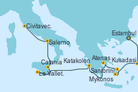 Visitando Estambul (Turquía),Kusadasi (Efeso/Turquía),Santorini (Grecia),Mykonos (Grecia),Atenas (Grecia),Katakolon (Olimpia/Grecia),La Valletta (Malta),Catania (Sicilia),Salerno (Italia),Civitavecchia (Roma)