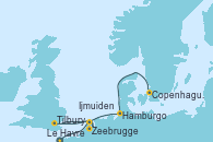 Visitando Le Havre (Francia), Zeebrugge (Bruselas), Tilbury (Gran Bretaña), Ijmuiden (Ámsterdam), Hamburgo (Alemania), Hamburgo (Alemania), Copenhague (Dinamarca)