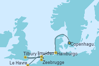 Visitando Copenhague (Dinamarca), Hamburgo (Alemania), Hamburgo (Alemania), Ijmuiden (Ámsterdam), Tilbury (Gran Bretaña), Zeebrugge (Bruselas), Le Havre (Francia)