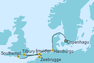 Visitando Copenhague (Dinamarca), Hamburgo (Alemania), Hamburgo (Alemania), Ijmuiden (Ámsterdam), Tilbury (Gran Bretaña), Zeebrugge (Bruselas), Southampton (Inglaterra)