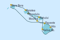 Visitando Honolulu (Hawái), Kahului (Hawai/EEUU), Kahului (Hawai/EEUU), Kailua Kona (Hawai/EEUU), Hilo (Hawai), Bora Bora (Polinesia), Raiatea (Polinesia Francesa), Moorea (Tahití), Papeete (Tahití)