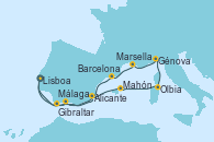 Visitando Lisboa (Portugal), Alicante (España), Mahón (Menorca/España), Olbia (Cerdeña), Génova (Italia), Marsella (Francia), Barcelona, Málaga, Gibraltar (Inglaterra), Lisboa (Portugal)